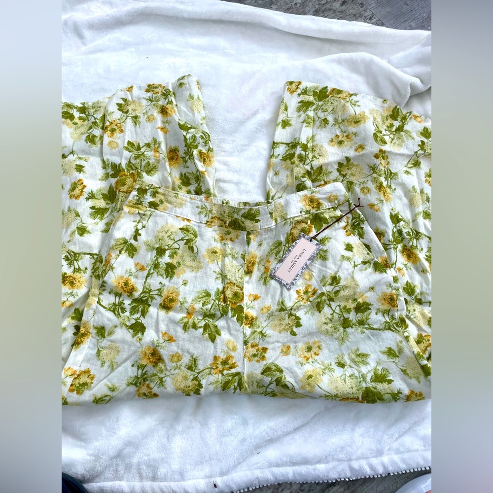NWT Laura Ashley 100% Linen Floral Wide Leg Pants